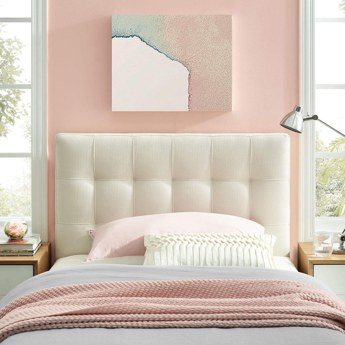 Tufted Linen Upholstered Queen Headboard, Beige(Ivory,Twin)